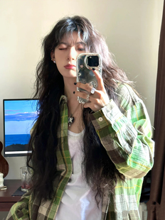 KFCAG 美式复古格子衬衫男女长袖春季新款绿色衬衣女潮牌休闲外套