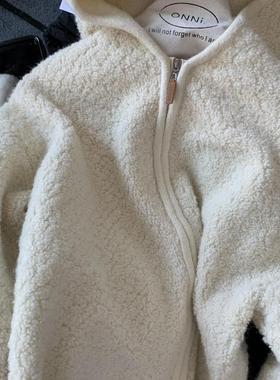 2025冬季高级感米杏色羊羔绒连帽拉链针织开衫女慵懒软糯保暖毛衣