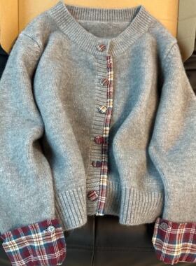 KFCAG假两件韩系圆领拼接格子毛衣女2025秋冬新款宽松休闲开衫