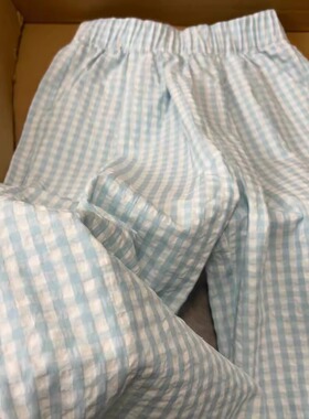 蓝色格子阔腿裤女春季薄款2025新款高腰直筒遛弯裤休闲冰丝山本裤