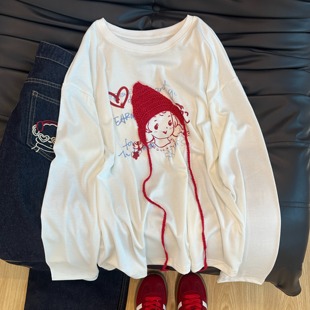 韩代款moment小红帽女孩长袖棉T恤女秋季慵懒宽松休闲设计感上衣