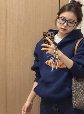 藏蓝色美式连帽卫衣女春秋冬季2025新款超火宽松小个子加绒厚外套