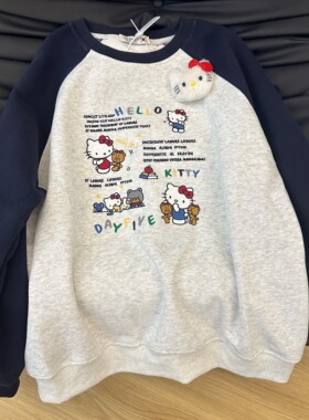 韩国东大门2025秋季新款猫咪刺绣公仔插肩撞色圆领套头卫衣甜美