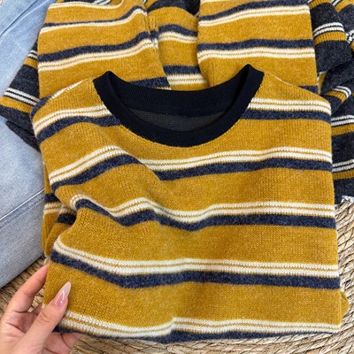 秋冬黄色条纹长袖T恤女宽松中长