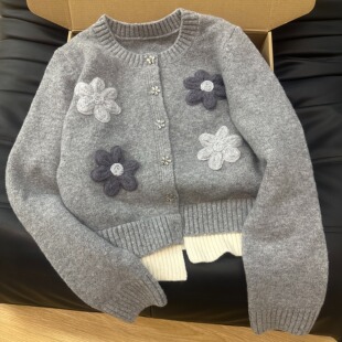 撞色设计感假两件开衫 KFCAG 圆领灰色立体秋冬花朵毛衣女2024冬季