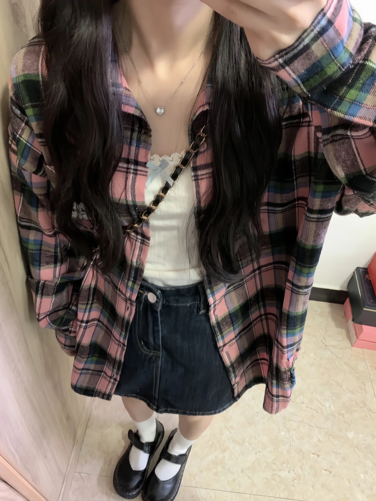 KFCAG 2024新款黑粉格子衬衫男女美式复古宽松休闲衬衣外套 - 实物图