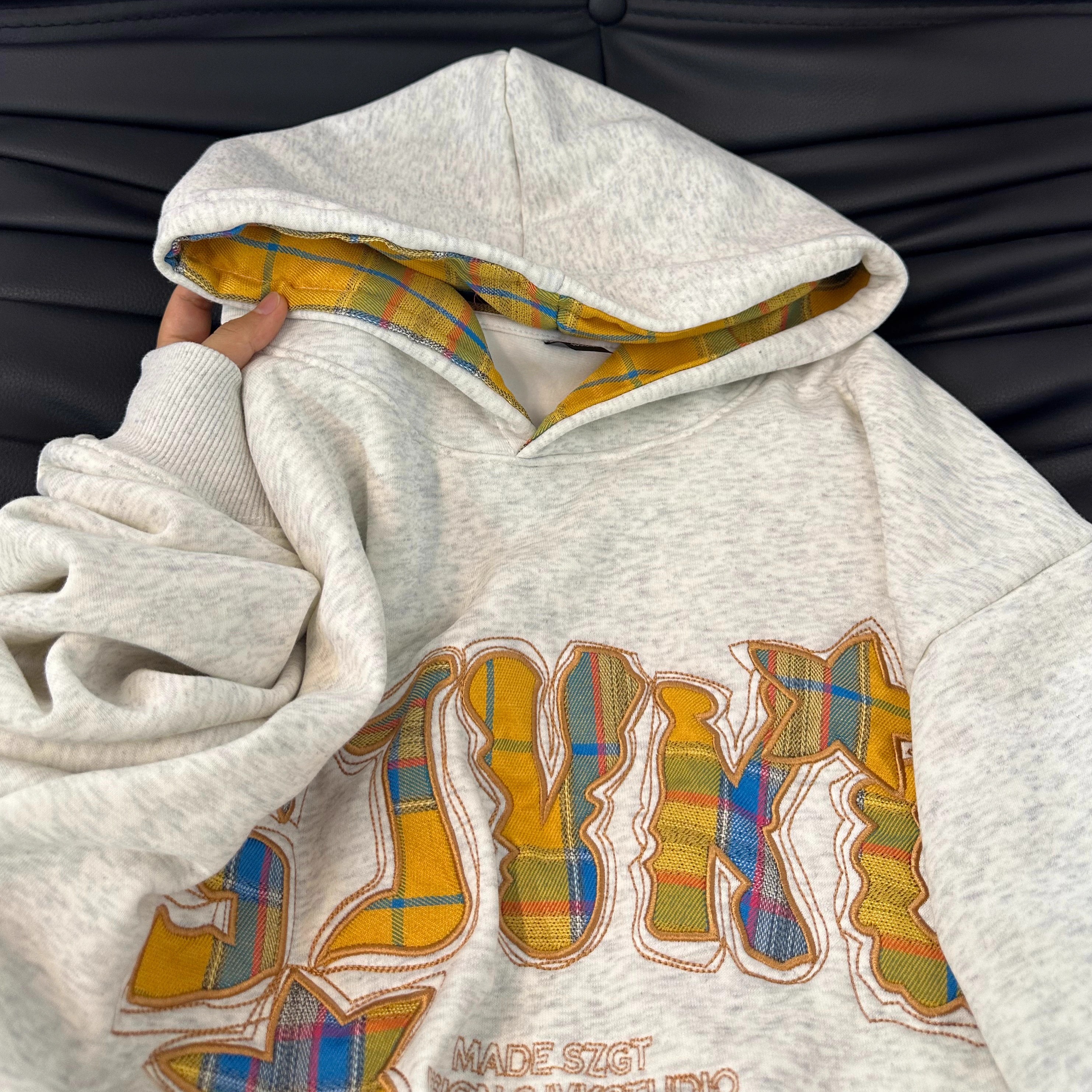 美式复古贴布格子字母卫衣女秋冬款连帽宽松慵懒风bf潮牌情侣外套