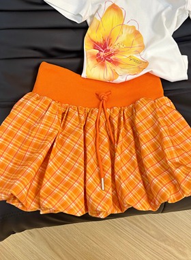 KFCAG韩国小众橙色格纹花苞半身裙女夏季新款松紧抽绳百搭短裙