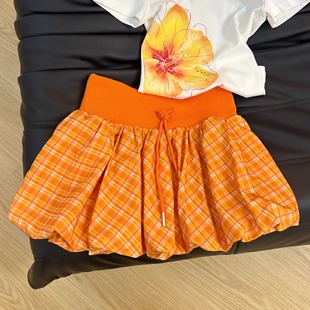 KFCAG韩国小众橙色格纹花苞半身裙女夏季新款松紧抽绳百搭短裙