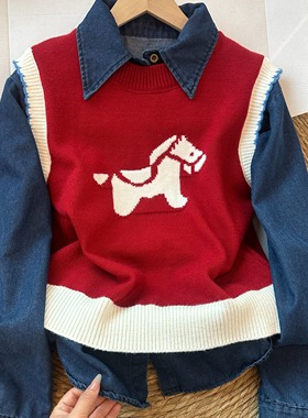马年穿搭红色小马提花外搭叠穿针织马甲背心女2025秋冬季chic上衣
