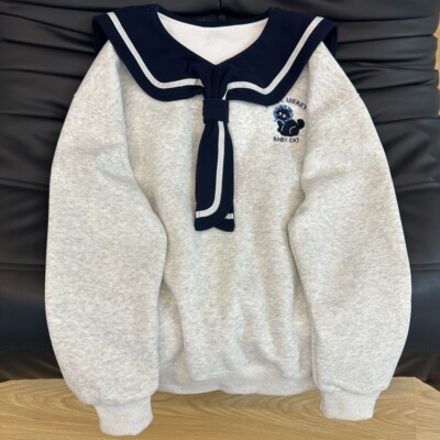 KFCAG 学院风海军领卫衣女2025新款秋休闲宽松减龄刺绣设计感上衣