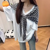 大版 T恤夏季 新款 KFCAG学院风中长款 宽松条纹披肩V领短袖 薄上衣女