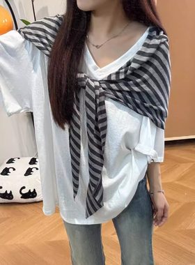 KFCAG学院风中长款大版T恤夏季新款宽松条纹披肩V领短袖薄上衣女