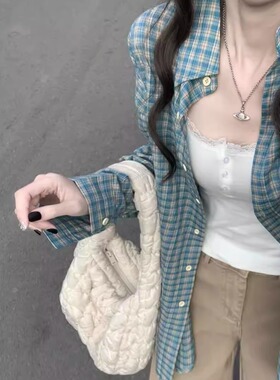 春季韩系蓝色格子长袖防晒衬衫女2025年新款明星同款宽松衬衣外套
