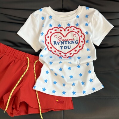 KFCAG夏季美式辣妹爱心星星满印短袖T恤女正肩显瘦修身收腰小个子