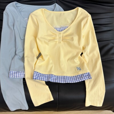 韩系多巴胺长袖修身显瘦假两件蕾丝边格子抽褶小众别致甜辣上衣女