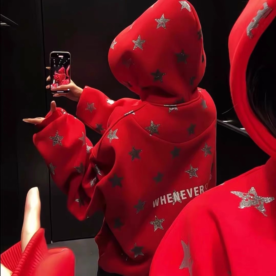 美式复古红色星星加绒连帽卫衣