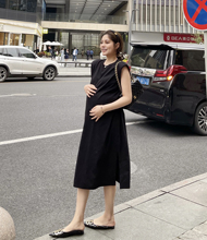 PEIPEI孕妇装夏装黑色垫肩无袖气质款长裙高级中长款潮妈连衣裙韩