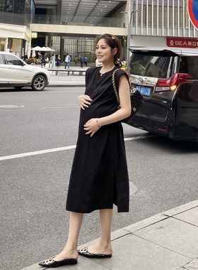PEIPEI孕妇装夏装黑色垫肩无袖气质款长裙高级中长款潮妈连衣裙韩
