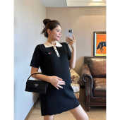 PEIPEI佩佩孕妇装 学院风刺绣拼色Polo领T恤针织连衣裙 日系夏装