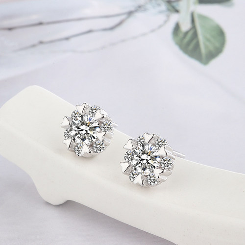 S925纯银DIY饰品雪花满钻耳钉女时尚气质甜美耳环耳饰百搭防过敏