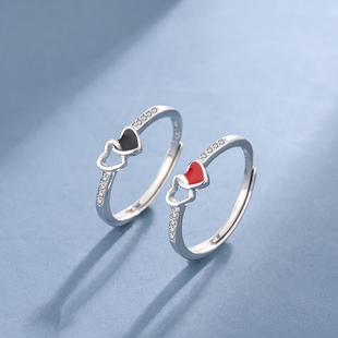 S925纯银戒指爱心戒指指环可调节情侣对戒送女友礼物心心相印介指