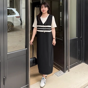 东莞市朗天服饰大码女装假两件v领t恤裙女直筒裙夏胖mm短袖连衣裙