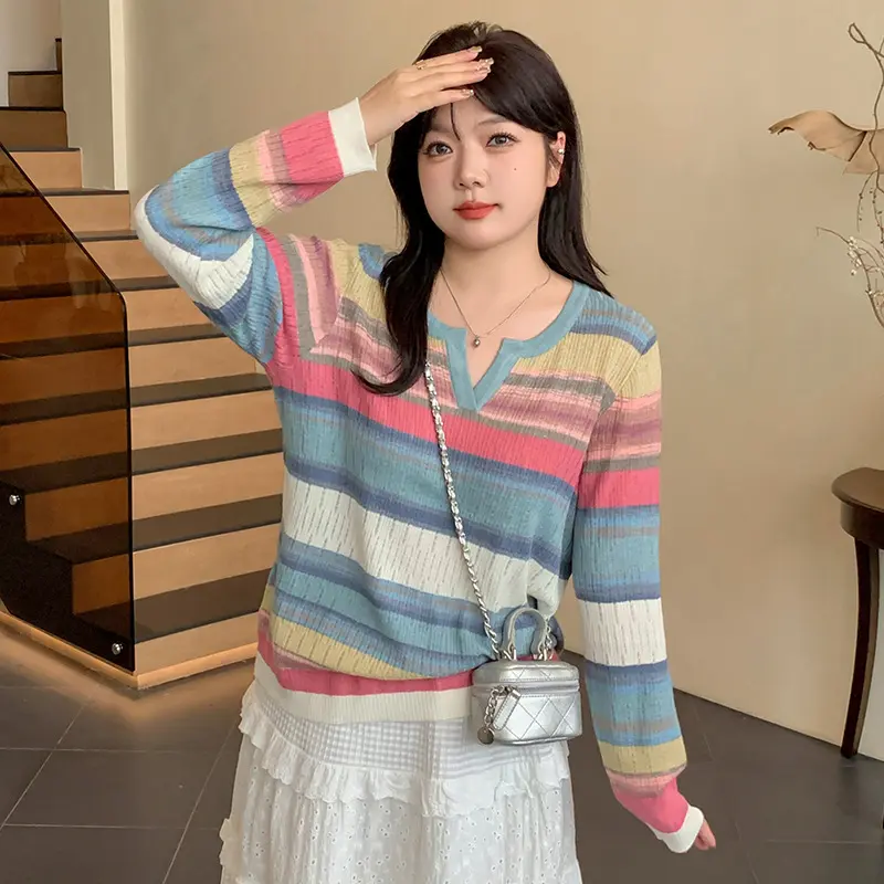 东莞市朗天服饰大码女装撞色设计感条纹女长袖上衣胖mm显瘦针织衫