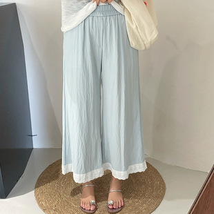 东莞市朗天服饰大码高腰休闲裤拼接花边九分裤胖mm宽松直筒阔腿裤