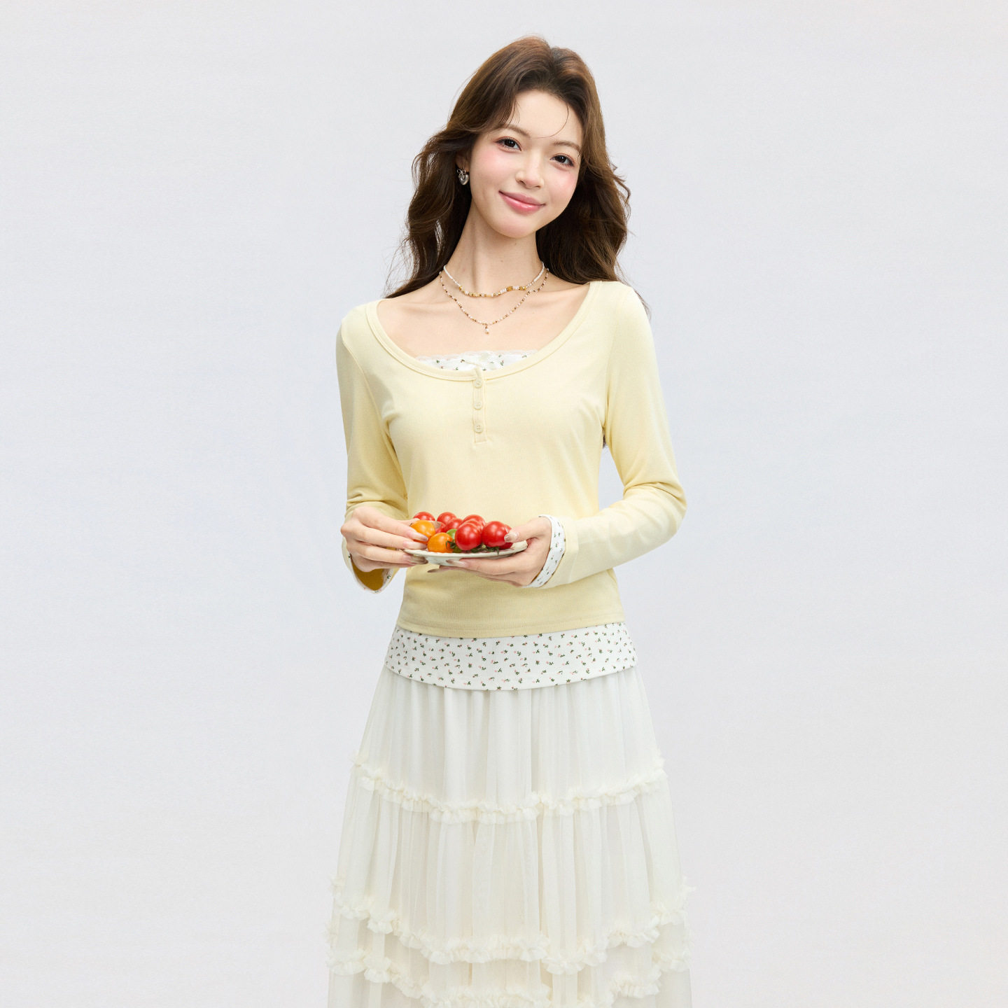 奶黄bm风高级感假两件长袖T恤女2026春季碎花半开领甜美内搭上衣