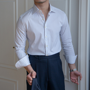 2024春夏新款英伦自制条纹免烫长袖衬衣男士韩版修身商务休闲衬衫