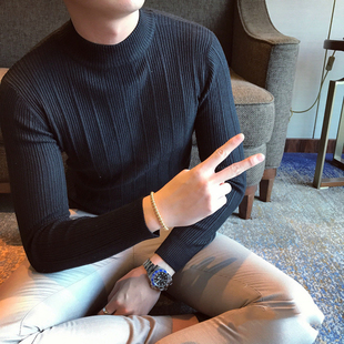 休闲条纹打底毛线衫 针织衫 修身 英伦秋冬加厚百搭半高领毛衣男韩版