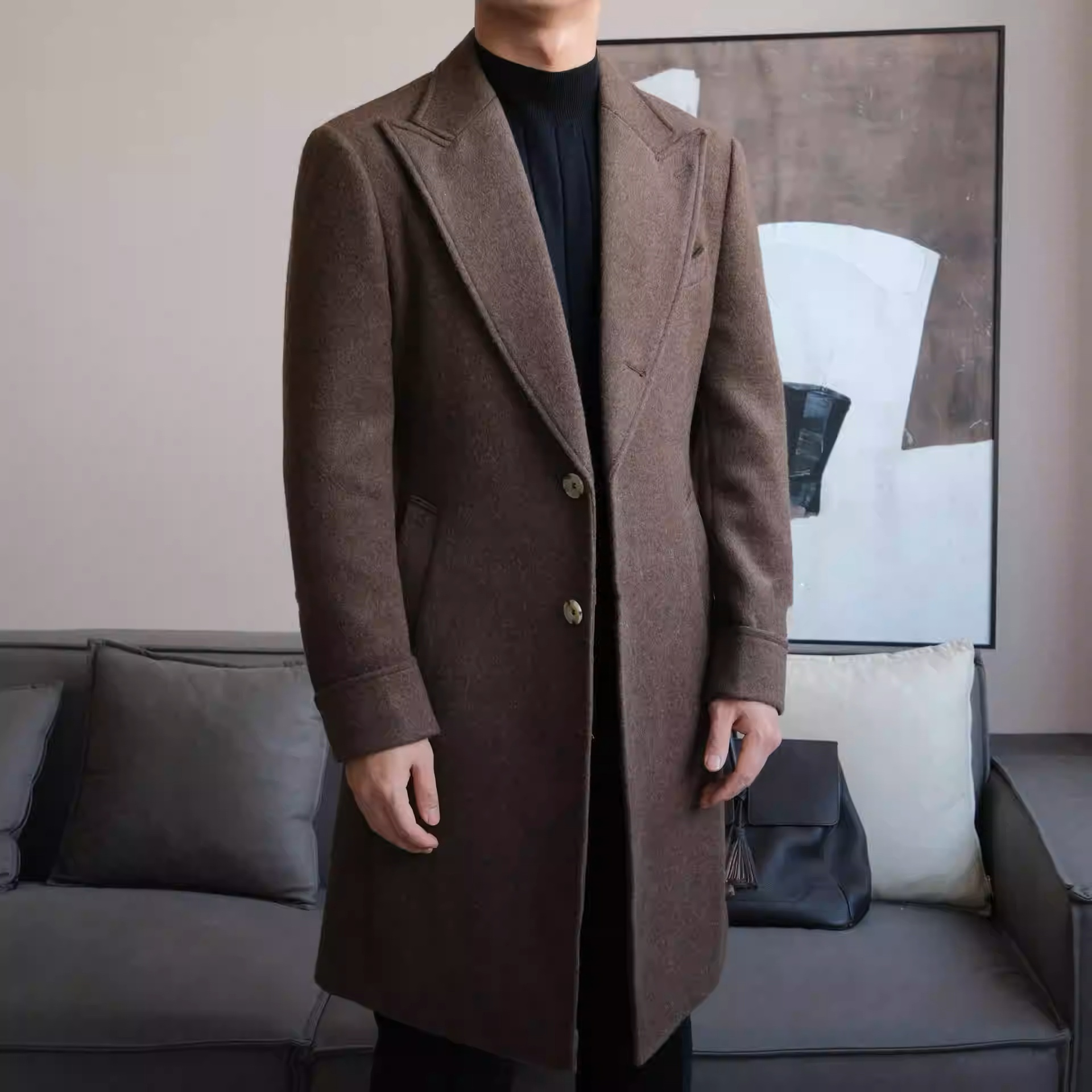 2025新款那不勒斯气质纯色羊毛呢子大衣男韩版修身简约中长款外套