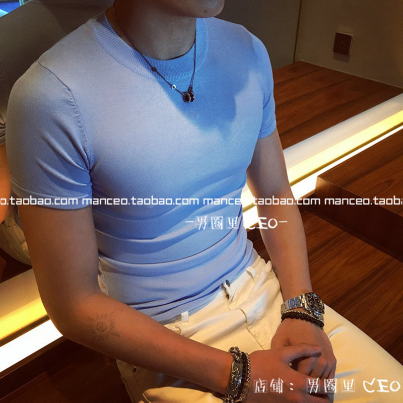 夏季新品针织修身T恤男韩国韩版时尚圆领百搭打底衫紧身短袖T恤潮