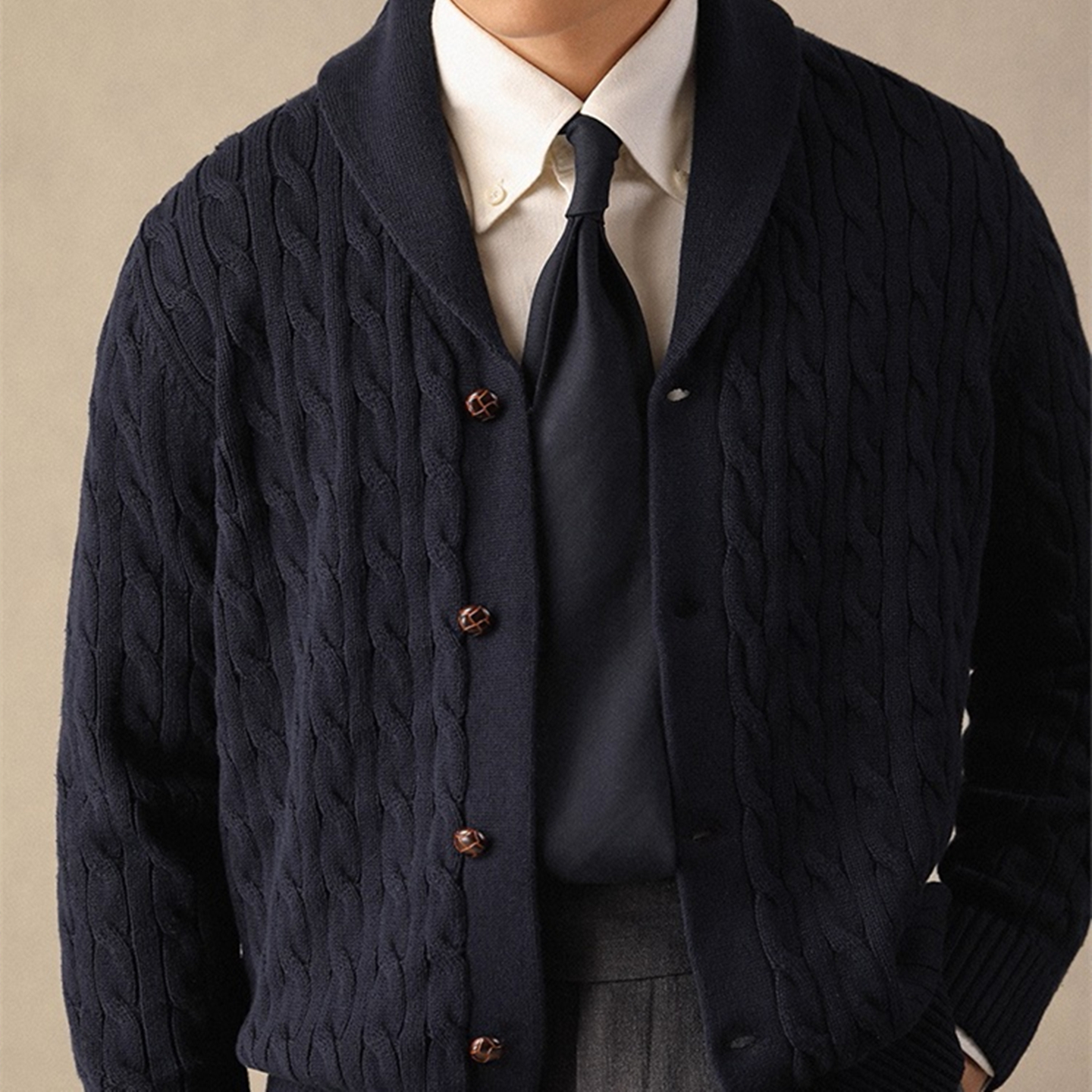 秋冬新款日系复古扭花纯棉保暖青果领开衫男韩版修身加厚针织外套