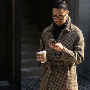 御寒中长款 绅士千鸟格巴尔马肯大衣男英伦修身 外套帅 欧美经典 冬季