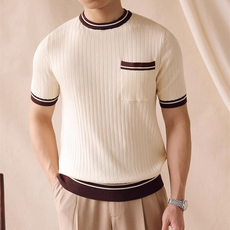 2025夏季新款意式复古暗纹拼色圆领T恤男韩版修身简约短袖针织衫