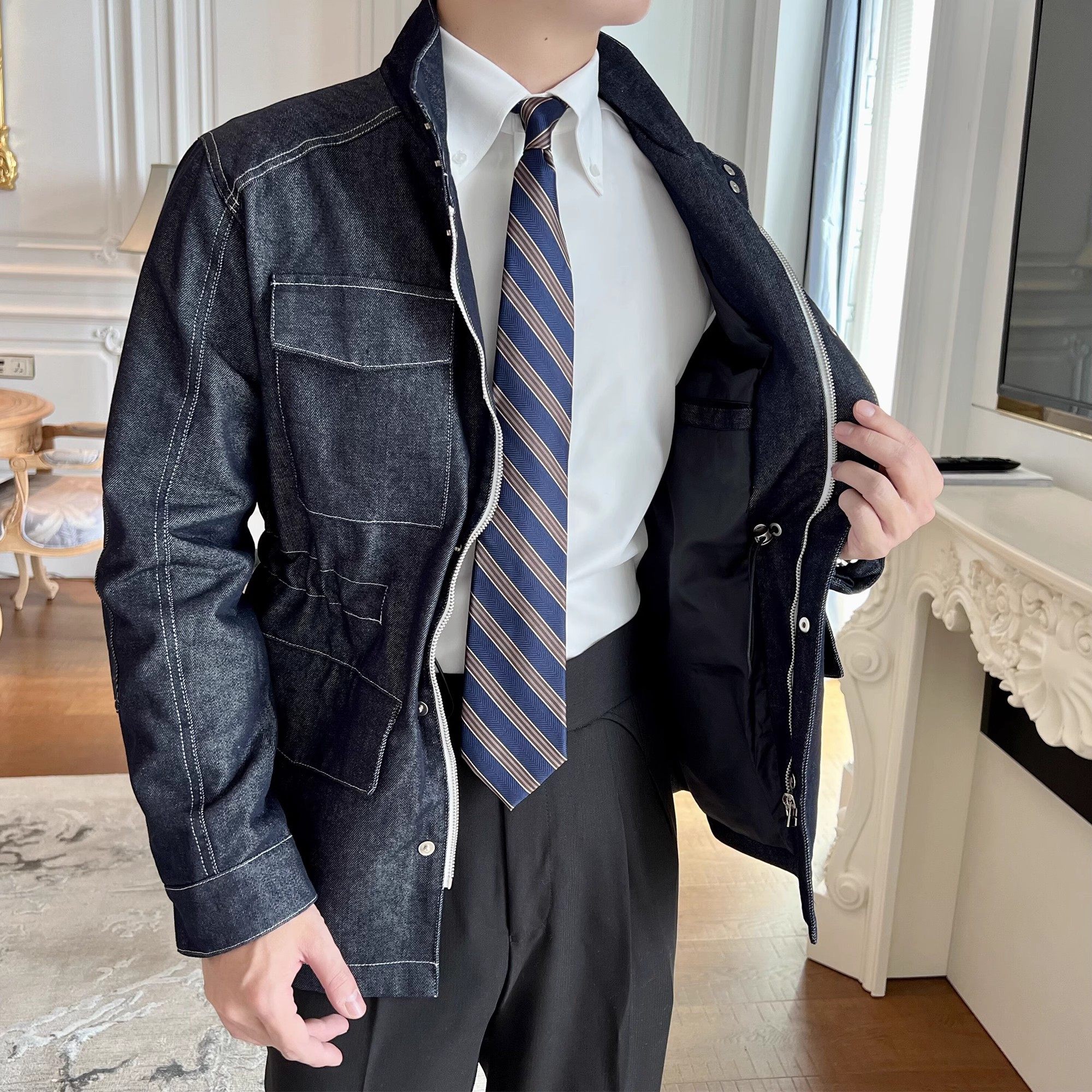 秋冬新款韩版帅气牛仔立领中长款猎装男日系复古工装多口袋外套潮