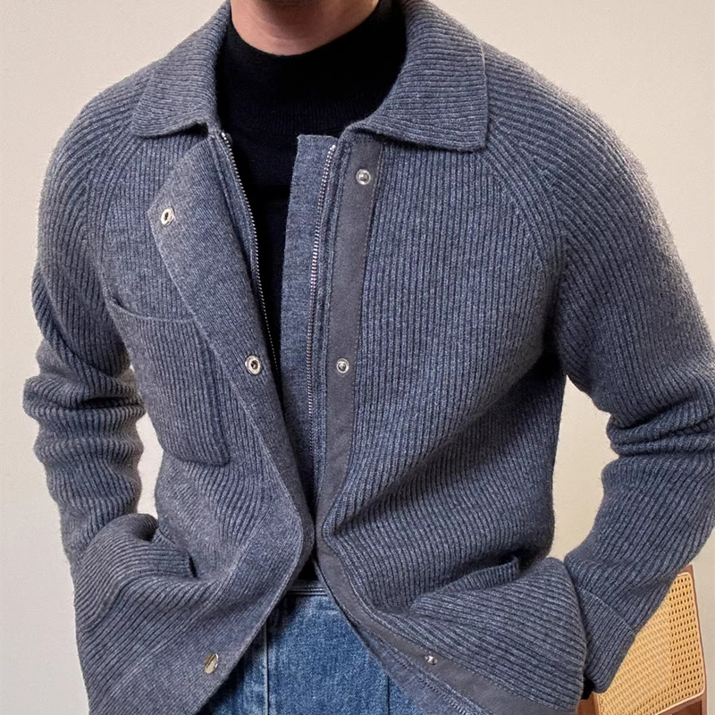 秋冬新款韩版时尚加厚保暖口袋翻领开衫男英伦纯色高定针织外套帅