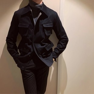 秋冬新款那不勒斯复古翻领棉制工装外套男韩版休闲修身中长款猎装