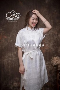 SUUNAI.WRH女连衣裙立领短袖原创中腰通勤纯色中裙蒙古民族风单件