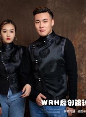 SUUNAI.WRH情侣蒙古马甲坎肩背心民族风黑色无袖立领纯色时尚宽松