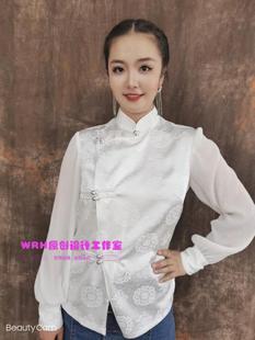 SUUNAI.WRH女装衬衫白色民族风蒙古元素打底通勤常规原创长袖立领