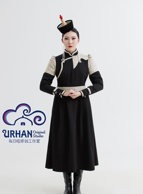 SUUNAI.WRH蒙古袍民族风黑色拼接手工长裙通勤立领纯色长袖女装