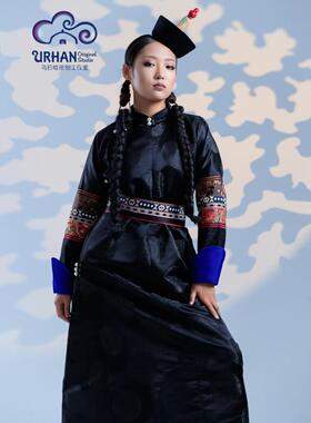 SUUNAI.WRH蒙古袍传统礼服帽子套装黑色绸缎长袖立领民族风女士潮