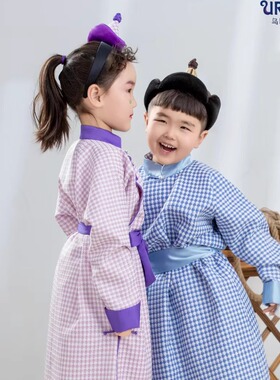 SUUNAI.WRH蒙古袍儿童男女宝民族风亲子家庭装格子蓝色紫色