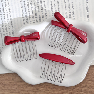 韩国FRANCE金标新年本命年酒红色蝴蝶结发插刘海碎发梳倒插梳发钗