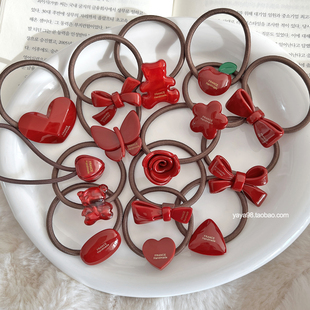 韩国FRANCE新年本命年酒红色高马尾丸子头发圈法式发绳头绳皮筋