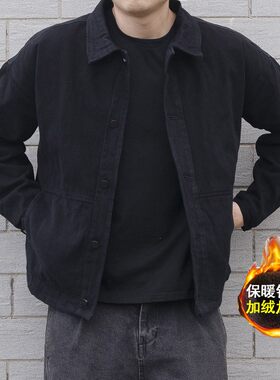 日系复古潮牌秋冬牛仔外套男加绒加厚黑色潮流帅气宽松工装夹克男