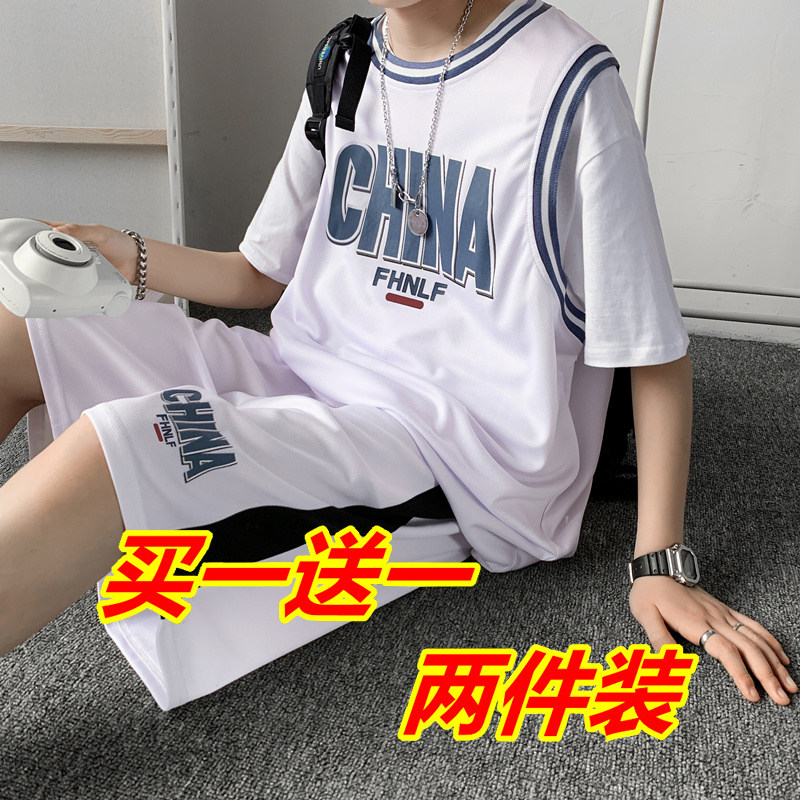 篮球服班服凉感速干男运动套装韩版情侣假两件买短袖送短裤两件套
